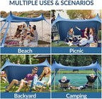 Gardentime Beach Tent Canopy with 8 Sandbags 4 Aluminum Poles, Pop Up Portable Camping Sun Shelter, Easy Set Up with 2 Sand Shovel, Ground Pegs, Carrying Bag for Outdoor Beach,Picnic, Fishing