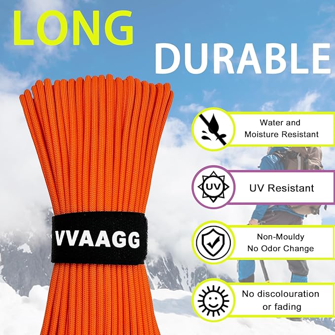 VVAAGG 1000 Orange Paracord 50FT Utility Parachute Cord 4mm Nylon String12 Strand Nylon Camping Rope, Tent Rope, Clothsline Rope for Survival & Camping Gear (Orange, 50FT)