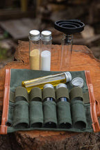 BLEEKER & RÖWE Bushcraft Camping Spice Kit Portable with Glass Jars, Funnel and Carabiner Great for Backpack and Travel Glamping Camping Gifts