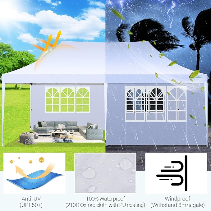COBIZI 10x20 Pop Up Canopy with 6 Sidewall, Commercial Canopy UPF 50+ Waterproof Outdoor Gazebo with Carry Bag, Tents for Parties with Upgrade Frame, 3 Height Adjustable, White