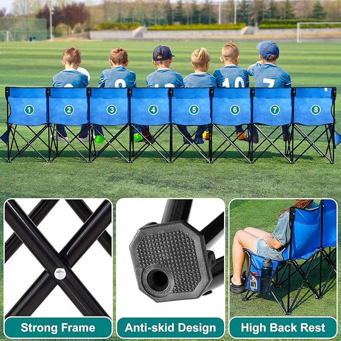 1MORE Portable Folding Bench, Foldable Sideline Bench for Team, 8 Seats Outdoor Camping Chair with Carry Bag & Backrest, Team Sport Sideline Bench for Football,Soccer, Fishing. Blue