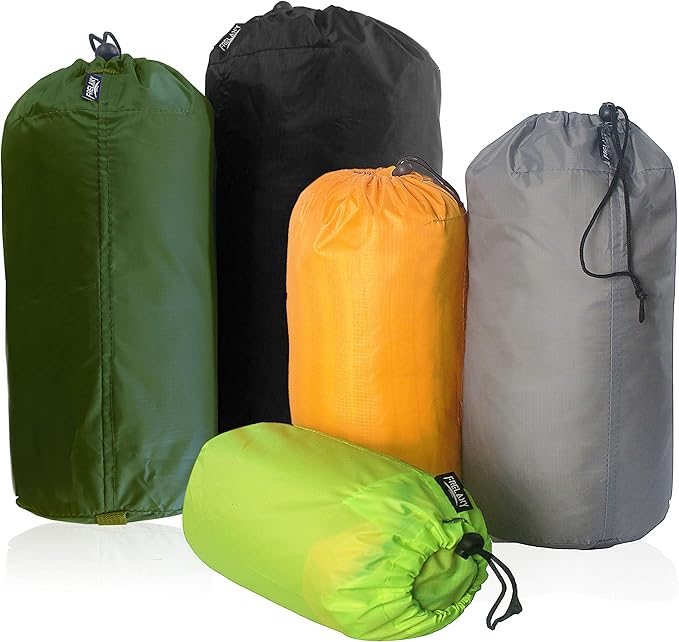 Frelaxy Stuff Sack Set 5-Pack (3L&5L&9L&15L&20L), Ultralight Ditty Bags with Dust Flap for Traveling Hiking Backpacking (Neon Green&Orange&Gray&Army Green&Black)