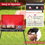 HAPPYGRILL Portable Camping Stove, 2-Burner Propane Grill Cooker with Removable Leg Stand, Roast Grill, Dual Control Knobs, Wind Guards, Outdoor Gas Grill for Camping BBQ Picnic, Red