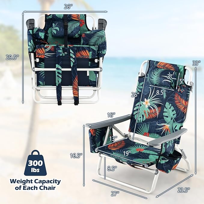Goplus Beach Chair, Folding Backpack Beach Chairs for Adults with 5 Positions, Head Pillow, Cooler Bag, Towel Bar, Cup Holders, Sunbath Sling Tanning Lounge, Foldable Layout Camping Chairs