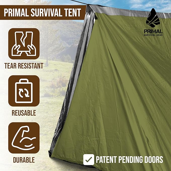 Orange Polyester Survival Tent with Doors - Compact, Durable, All-Season Shelter for Camping, Hiking, and Emergency Preparedness