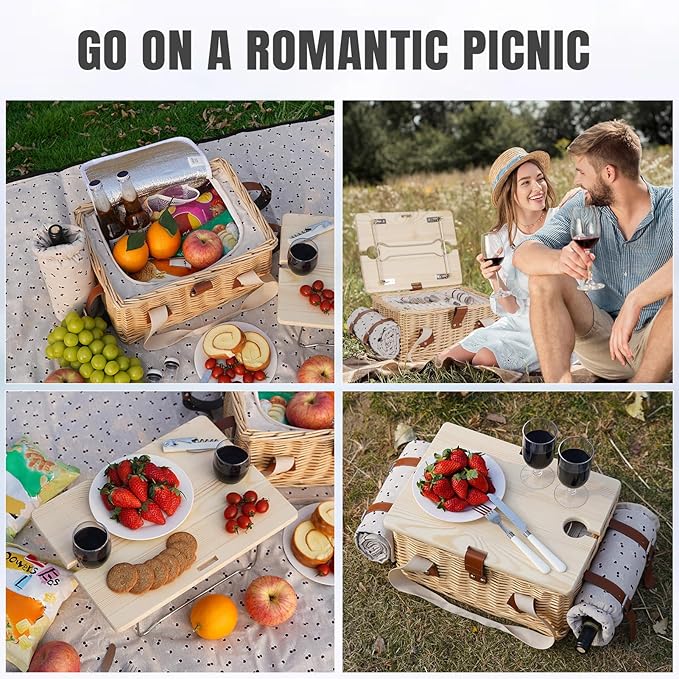 HappyPicnic Picnic Basket for 2, Handmade Wicker Picnic Set with Folding Table and Waterproof Blanket, Large Insulated Picnic Basket with Wine Bag & Cutlery Kit for Picnic, Camping, Holidays (Flower)