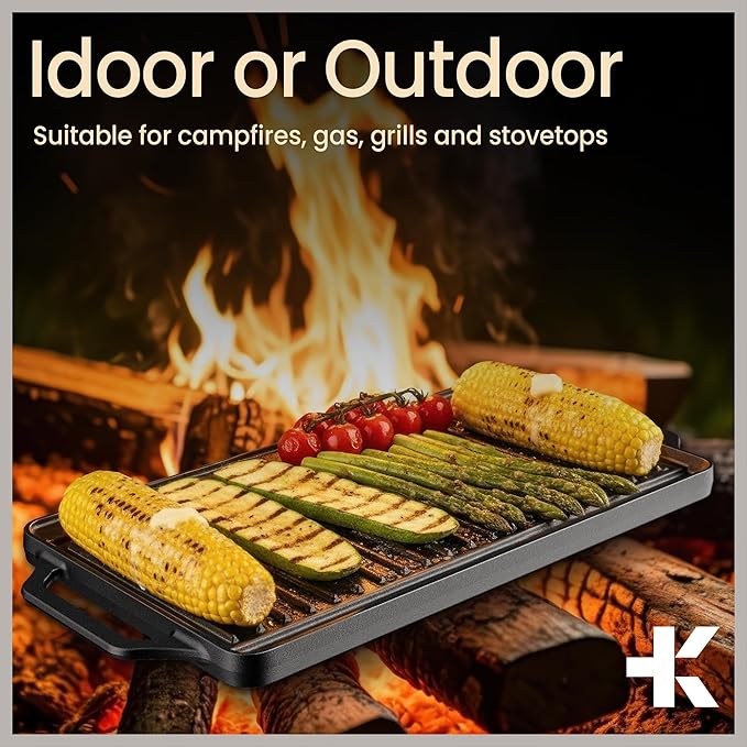 Bakken 18” Reversible Cast Iron Griddle, Flat & Grill Side, Dual Burner Cooking Plate for Pancakes, Meats & Veggies, Pre-Seasoned, Nonstick, Oven & Campfire Safe, Heavy-Duty Griddle Top with Mitt