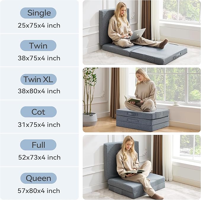 BDEUS Tri-Fold 4" Memory Foam Mattress Twin Size Portable Bed, Foldable Floor Mat for Adults & Kids, Washable CertiPUR-US Certified Cover, Lightweight for Travel/Camping/Yoga