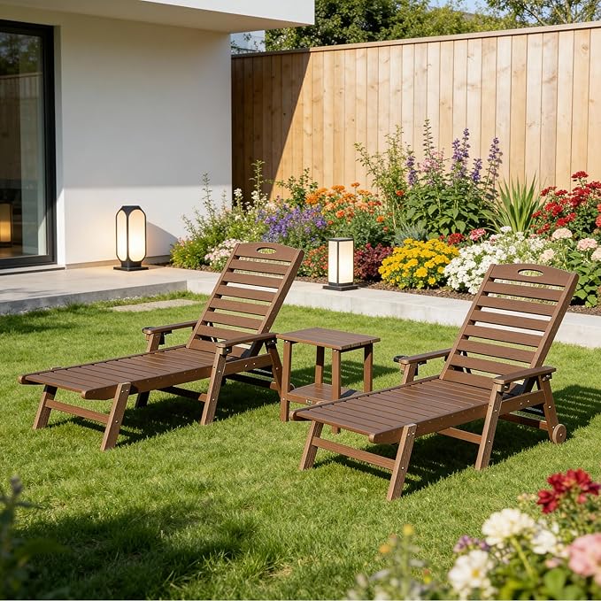 Domi Pool Lounge Chairs Set of 2 with Table, HDPE Outdoor Chaise Lounge Chairs for Outside, Pool Loungers for Poolside, Patio, Sunbathing Tanning, Brown