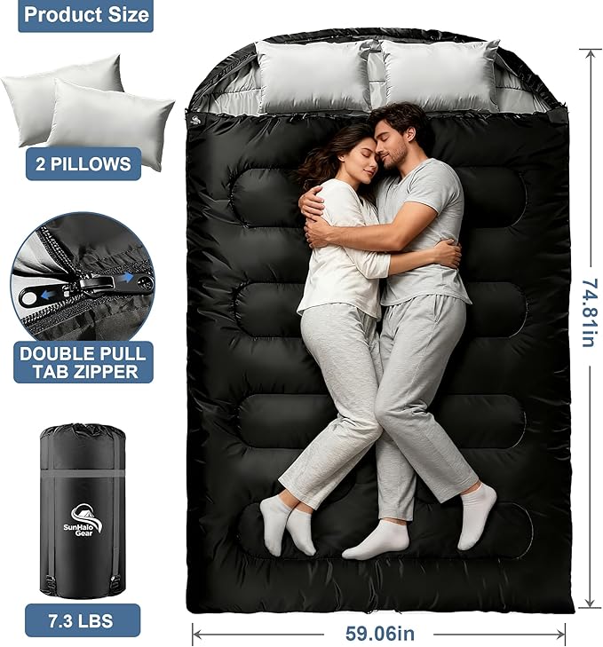 2 Person Sleeping Bag for Adults,Double Sleeping Bags King Size, Backpacking Sleeping Bag with Plush Lining/Extra Large/4 Seasons/Portable/Waterproof/Hiking/Camping/Backpacking