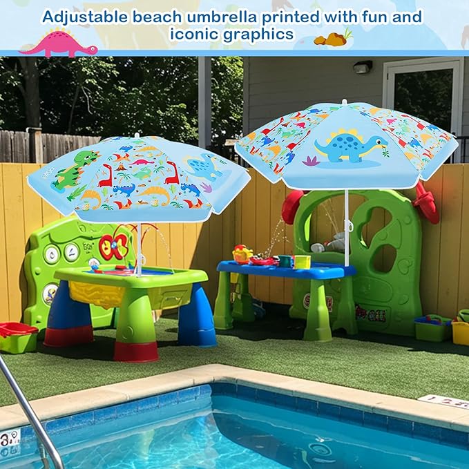 Sweetude Water Table Umbrella (Table Not Included), Kids Seaside Beach Umbrella Picnic Canopy for Summer Toddlers Sand Beach Camping Garden Outdoor Pool Shade Party Supply(Dinosaur Theme)