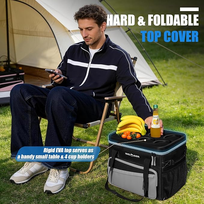 INSMEER Soft Cooler Bag with Hard Shell & 4 Cup Holders, 55 Cans 40L Collapsible Soft Sided Cooler, 100% Leakproof Insulated Cooler Bag Portable for Beach Travel Camping Picnic