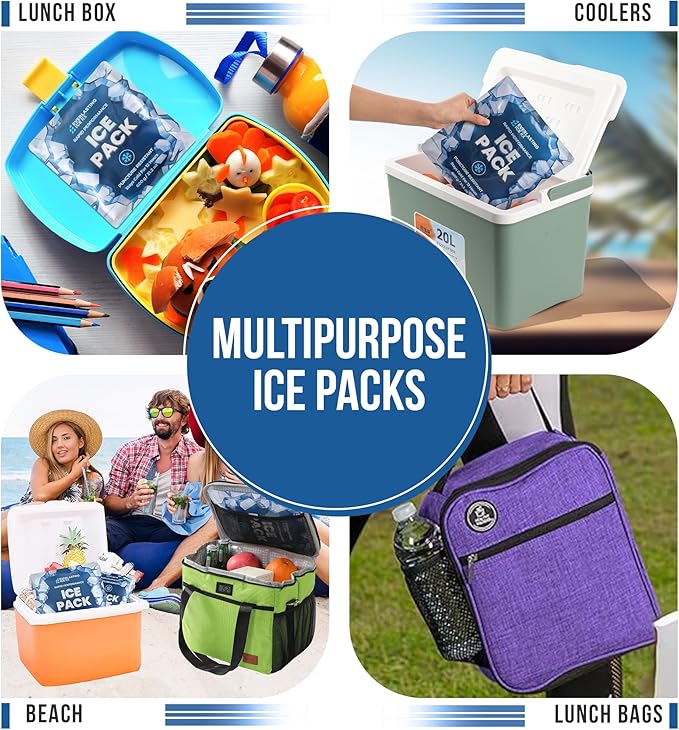 Rapid Performance Reusable Ice Packs for Lunch Boxes, Lunch Bags or Coolers | 4 Pack | Cold for Up to 12 Hours | Ice Packs for Cooler, Long Lasting for Camping, Beach, & School