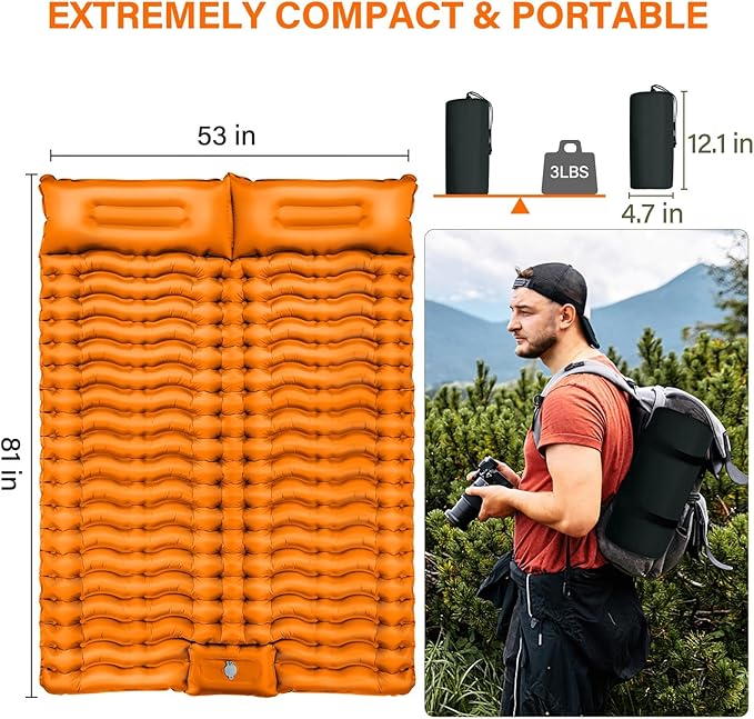 Double Sleeping Pad for Camping, 4" Extra Thick Self-Inflating Air Mattress - 2 Person Inflatable Camping Mat with Built-in Foot Pump & Pillow, Backpacking Hiking Tent Travel-Orange