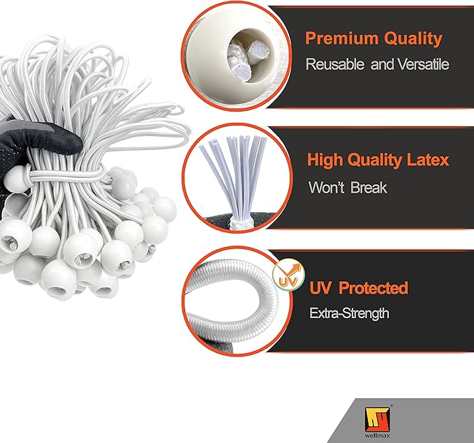 6 inch 100 Piece Heavy Duty 5mm Ball Bungee Canopy Cord by Wellmax, White Color