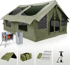 Inflatable Canvas Camping Tents with Stove Jack – Air Beam Blow Up Family Camping Tent for 2–6 People, Fast Setup Shelter with Hand Pump