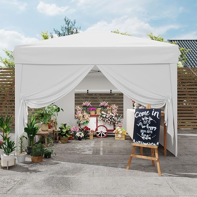 10x10 Pop Up Canopy Tent with 4 SideWalls, Easy Up Canopy with 3 Adjustable Height, Outdoor Sun Shade with 4 Sandbags & Carrying Bag for Camping, Parties,Outdoor Events-White