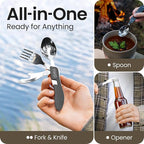 Orblue 4-in-1 Camping Utensils, 1-Pack, Portable Stainless Steel Spoon, Fork, Knife & Bottle Opener Combo Set - Travel, Backpacking Cutlery Multitool, Black