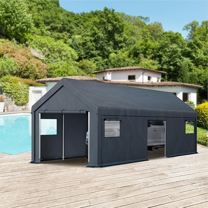 MFSTUDIO 13x24 Heavy Duty Carport, Outdoor Shades Portable Storage Shelter Garage with Rolled up Zipper Doors, Extra Large Car Canopy Tent with Roll-up Sidewalls for Boat Truck Party