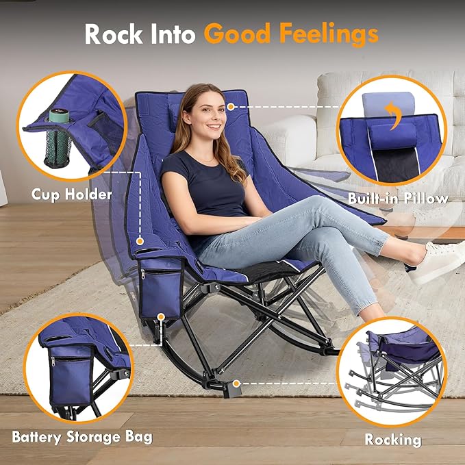 Slendor Oversized Heated Camping Chair, Folding Heated Rocking Chair with Padded Pillow, 3 Adjustable Heat Settings Portable Camp Chair for Outdoor & Indoor Use, NO Power Bank, Blue