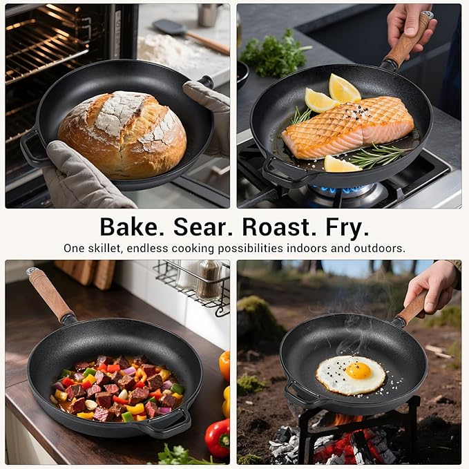 8.7" Cast Iron Skillet with Lid & Removable Wooden Handle, Pre-Seasoned Frying Pan for Stove, Oven, Grill & Campfire Cooking
