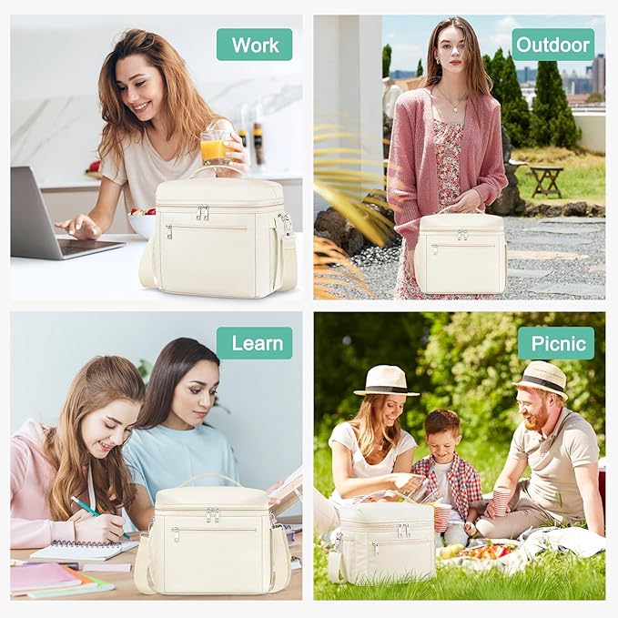 DALINDA Lunch Bag Cooler Bag Lunch Box for Women Men, Insulated Leak Proof LunchBox Lightweight for Picnic,Grocery,Beach,Camping,Travel,Work,Light Beige Cream