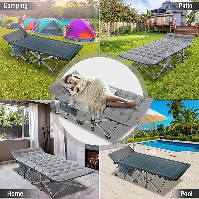 ABORON Folding Camping Cot W/Mat for Adults, Heavy Duty Outdoor Bed with Carry Bag,1200 D Layer Oxford Travel Camp Cots
