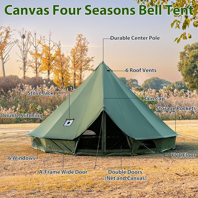 Cotton Canvas Bell Tent with Stove Jack, Roomy Yurt for Family Glamping Camping, 4 Season Tent with Zipped Removable Floor