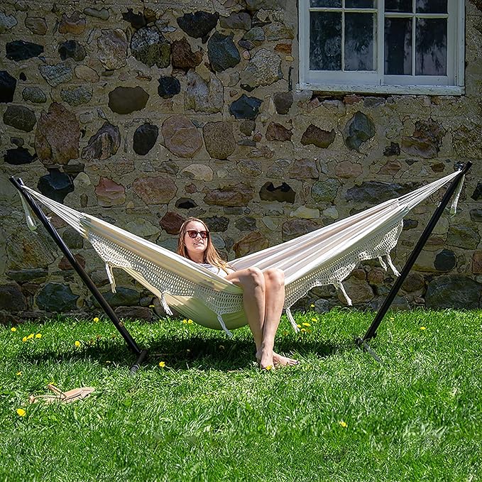 Vivere Double Cotton Hammock with Space Saving Steel Stand, Upgraded Polyester End Strings 450 lb Capacity - Premium Carry Bag Included - USA Grown Cotton (Natural)