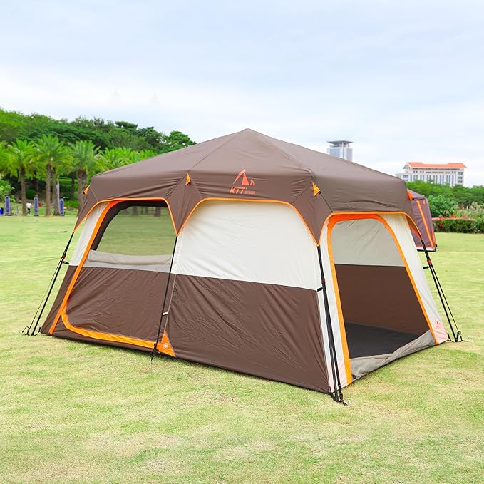 KTT Extra Large Tent 10-12-14 Person(B),Family Cabin Tents,2 Rooms,3 Doors and 3 Windows with Mesh,Straight Wall,Waterproof,Double Layer,Big Tent for Outdoor,Picnic,Camping,Family Gathering