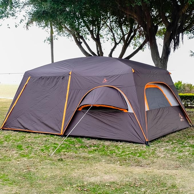 KTT Extra Large Tent 10-12-14 Person(B),Family Cabin Tents,2 Rooms,3 Doors and 3 Windows with Mesh,Straight Wall,Waterproof,Double Layer,Big Tent for Outdoor,Picnic,Camping,Family Gathering