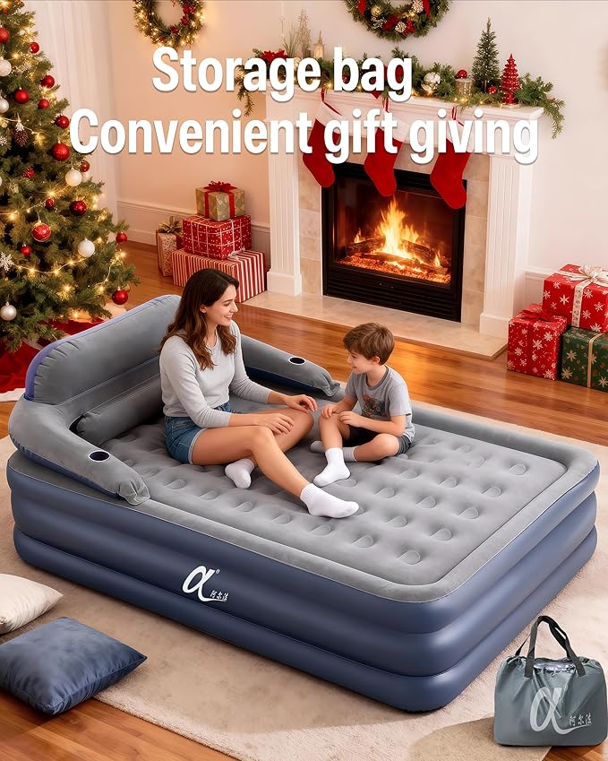 A-ER-FA Queen Air Mattress with Detachable Headboard and Cup Holder - 20 Height 700lbs Capacity Comfort Inflatable Bed for Guests Home Camping and Travel Durable Construction,Colchón Inflable,Air Bed