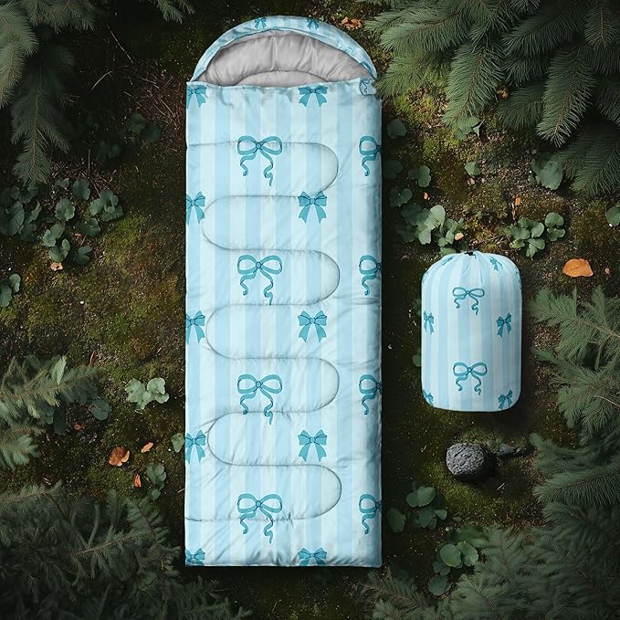 Colorful Bow Sleeping Bag, 3 Season Warm Cool Weather, Hand Drawn Bow Camping Sleeping Bag for Adult, Cute Bowknot Camping Backpacking for Outdoor Traveling Hiking Hunting Gear Equipment