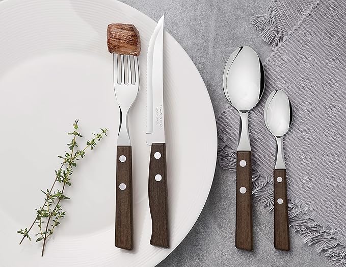 Tramontina Cutlery Set with Steak Knives, 24 Piece Sharp Knife, Forks, Teaspoons, Tablespoons with Wooden Handles, ‎Camping, Kitchen, Rustic, 22299050