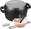 Pre-seasoned Cast Iron Double Dutch Oven Pot with Skillet Lid, Dual-handle, for Bread Baking, Outdoor, Campfire Cooking, include Sourdough Bread Baking Supplies like Banneton Bread Proofing Basket, 5 Quart