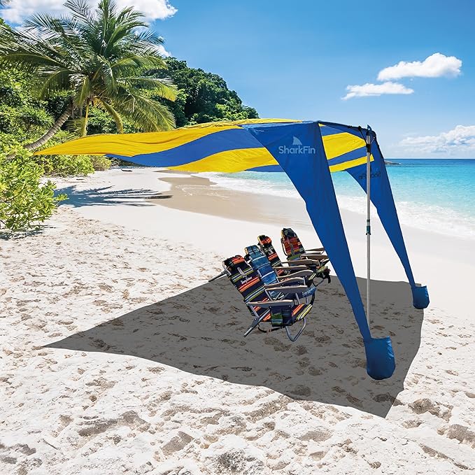Shark FIN Shade Beach Tent Wind Sun Canopy Portable Easy Set Up UPF 50+ No Assembly Required 3-30 MPH - 1 to 8 People - Tie Downs Included - 2 Sizes Large 9' X 10' & Giant 13.5' X 10' PATENTS Pending