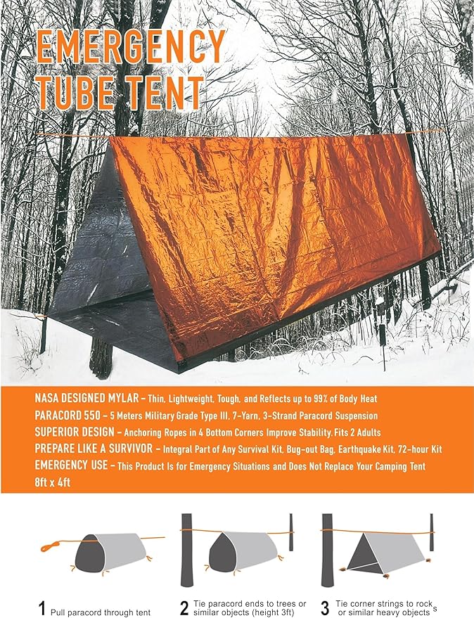 Emergency Survival Tent Life Shelter 2 Person Mylar Tube Tents Tarp with Whistle & Paracord Year-Round All Weather Protection for Car Outdoor Hiking Camping Gear Equipment