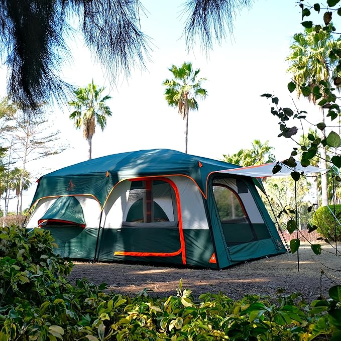 KTT Extra Large Tent 10-12-14 Person(A),Family Cabin Tents,2 Rooms,3 Doors and 3 Windows with Mesh,Straight Wall,Waterproof,Double Layer,Big Tent for Outdoor,Picnic,Camping,Family Gathering