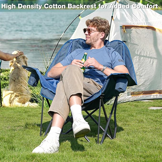 2 Pack Oversized Camping Chair, Portable Folding Padded Camp Chairs with Side Pocket, Cup Holder, Heavy Duty Support 500LBS Outdoor Lounge Chair for Adults, Fishing, Sports, Navy Blue
