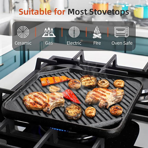 1-Piece 10.6 inch Cast Iron Griddle Plate | Reversible Square Cast Iron Grill Pan for Single burner| Double Sided Used on Open Fire & in Oven | Pre-Seasoned |Versatile Baking Griddle