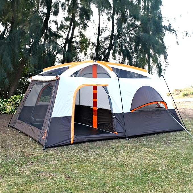 KTT Extra Large Tent 10-12-14 Person(Style-B),Family Cabin Tents,2 Rooms,3 Doors and 3 Windows with Mesh,Straight Wall,Waterproof,Double Layer,Big Tent for Outdoor,Picnic,Camping,Family Gathering
