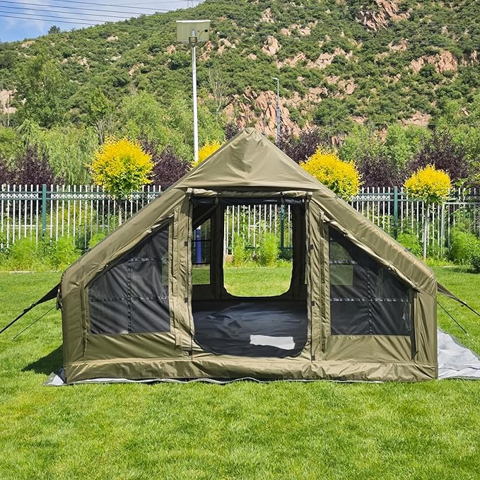 Large Luxury Inflatable Camping Tent Cotton Canvas Tent, Breathable and Waterproof Air Tent with Skylight and Stove Jack Hole for for 4-6-8-10 Person Family Camping