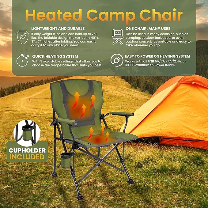 Backyard Expressions Heated Camp Chair with Cupholder – Portable Folding Camping Chair with 3 Heat Settings, USB Powered, Lightweight & Durable – Outdoor Heated Chair for Camping, Tailgating & Sports