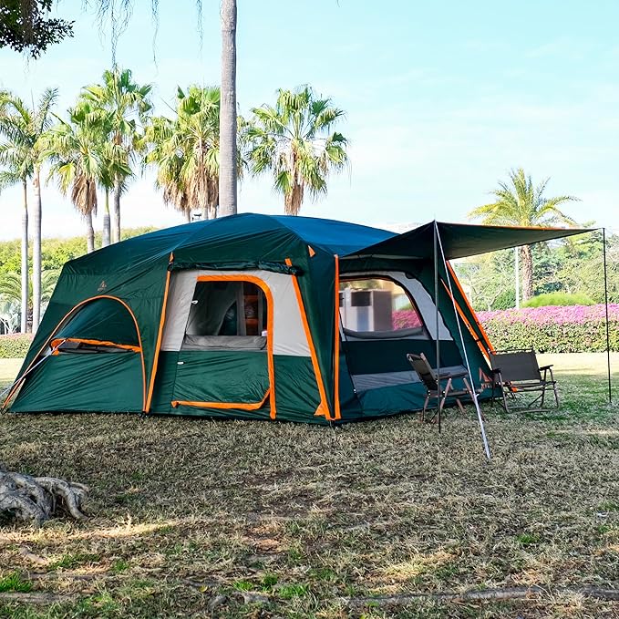 KTT Extra Large Tent 10-12-14 Person(B),Family Cabin Tents,2 Rooms,3 Doors and 3 Windows with Mesh,Straight Wall,Waterproof,Double Layer,Big Tent for Outdoor,Picnic,Camping,Family Gathering