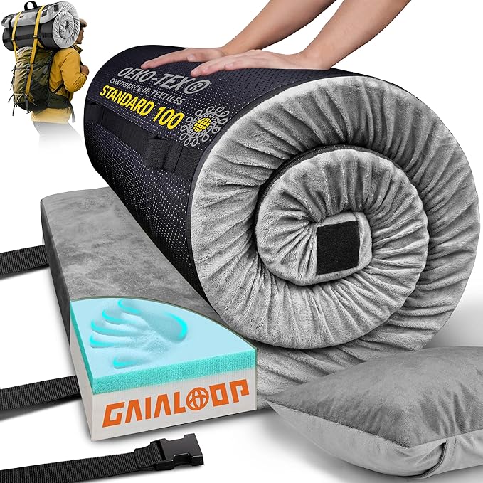 3 Inch Memory Foam Camping Mattress, Dual Layer Thick Sleeping Camp Pad for Car Tent Cot, Roll-Up Portable Glamping Floor Bed for Guests Sleepover