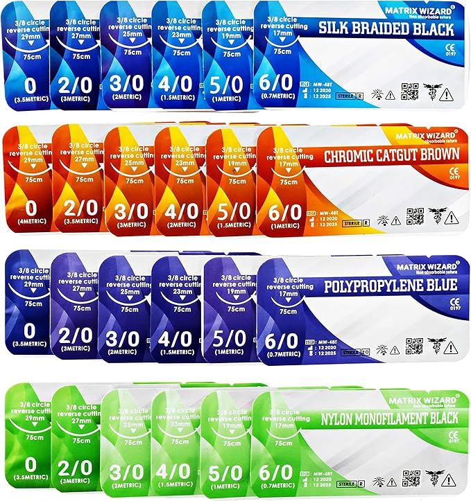 Mixed Sterile Suture Thread with Needle (Dissolvable and Non-dissolvable 0, 2-0, 3-0, 4-0, 5-0, 6-0) - Stitch Up Gear, Medical Surgical Suturing Kit, First Aid Field Emergency Demo, Camping Safety Kit