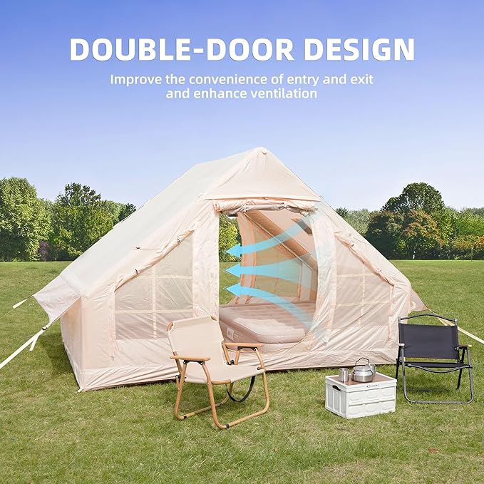 KEIKI Oxford Hot Tent for Camping, 2/3/4/6/8 Person Large Inflatable Tents w/Detachable Canopy, 4 Season Waterproof Tent for Hike Backpacking, Stove Jack AC Port, Mesh Doors Windows, Pump, Easy Setup