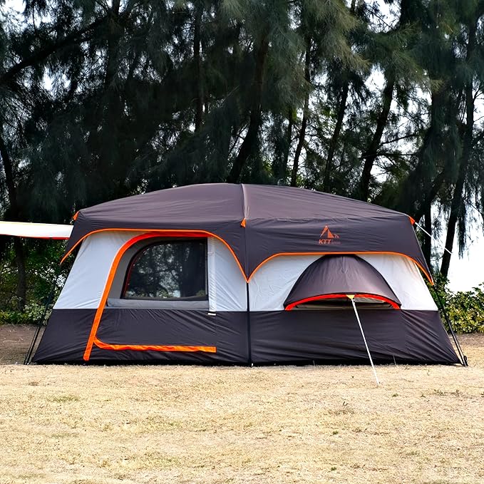 KTT Extra Large Tent 10-12-14 Person(A),Family Cabin Tents,2 Rooms,3 Doors and 3 Windows with Mesh,Straight Wall,Waterproof,Double Layer,Big Tent for Outdoor,Picnic,Camping,Family Gathering