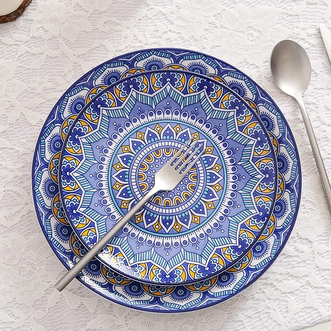 GaRcan Porcelain Dinnerware Set 16-Piece Bohemian Mandala Patterned Blue Porcelain Tableware Dinner Set with Dinner Plate,Dessert Plate,Bowl,Mug Dinnerware Set