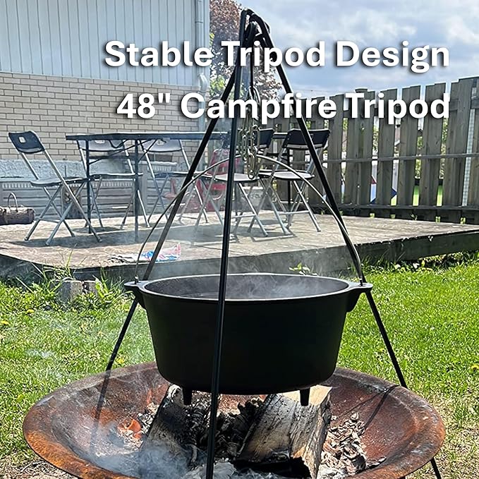 Cuisiland 48" Heavy Duty Camping Tripod Campfire Cooking Dutch Oven Tripod Adjustable Grill Tripod for Outdoor Campfire Cooking Camping, Picnic